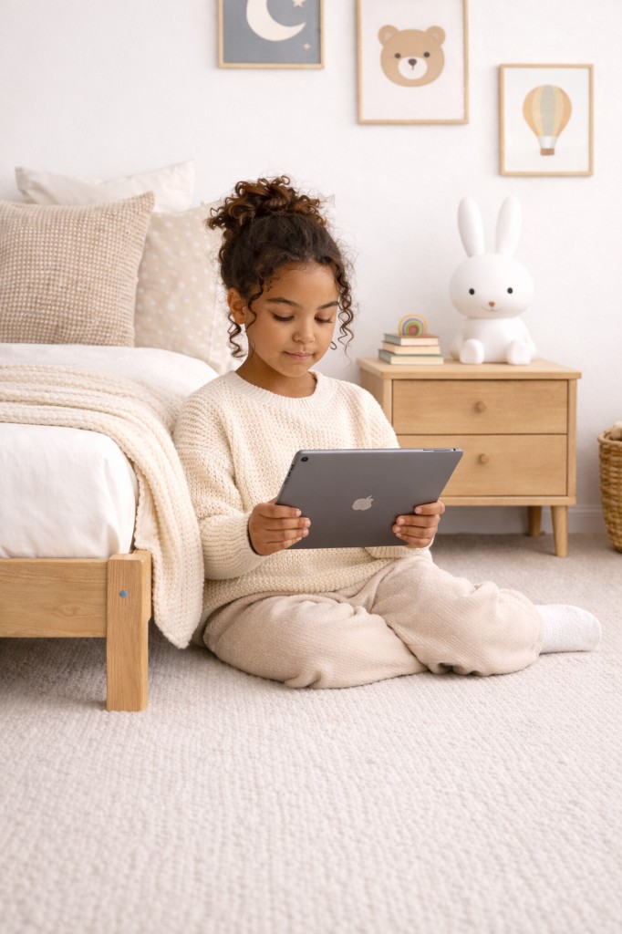 Child using a tablet in bedroom