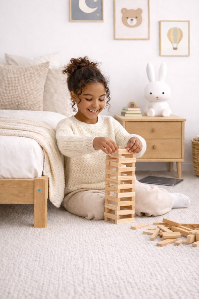 Child playing with blocks away from screens